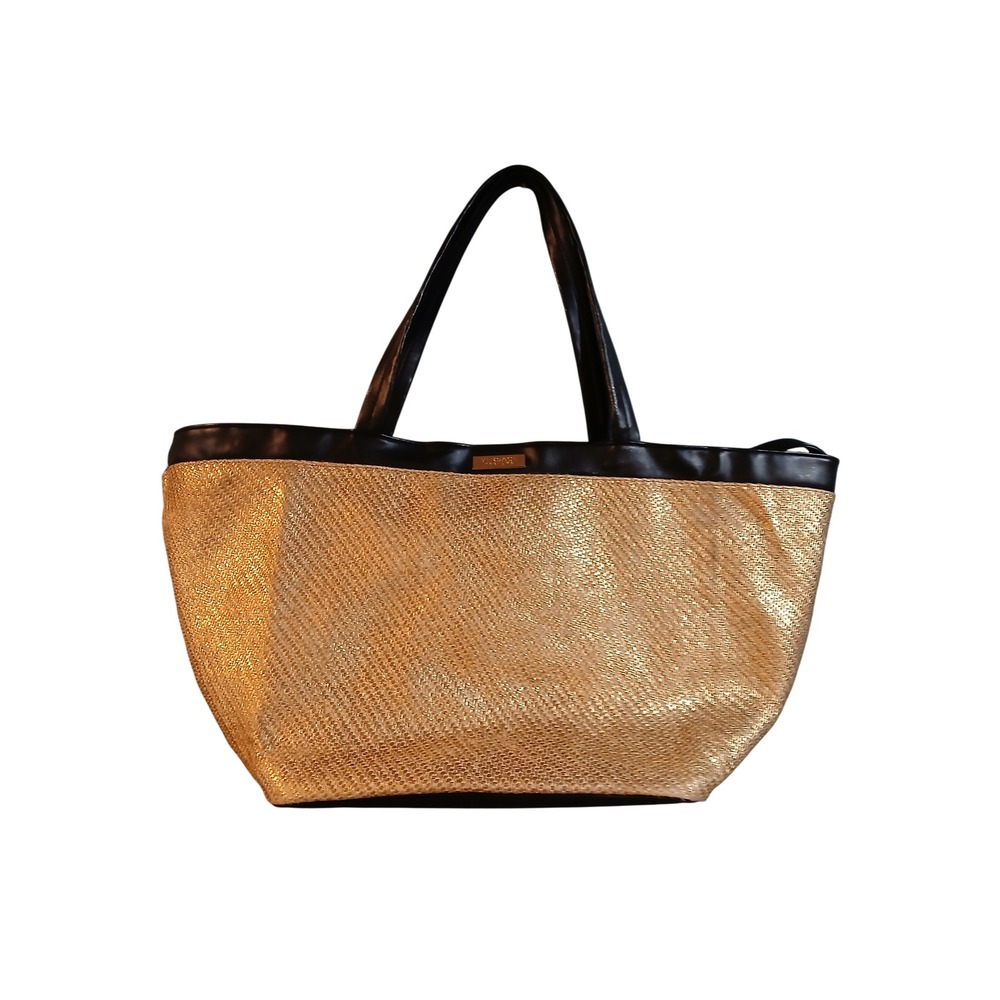 Versace Parfums Gold Black Metallic Woven Straw Tote Bag Large Beach Bag
